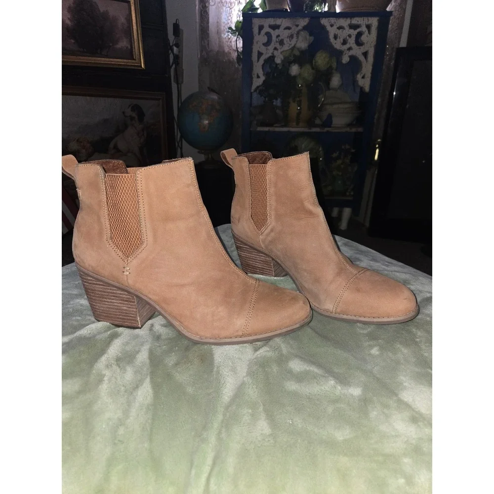 Toms Marina Tan Suede Cap Toe Ankle Booties Womens 12 Stacked Block Heel Chelsea